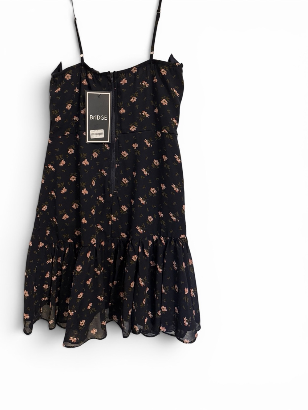 Bridge NWT Navy Floral Spaghetti-Strap Midi Dress PTP 17, L 29 top of bust line - Picture 2 of 7